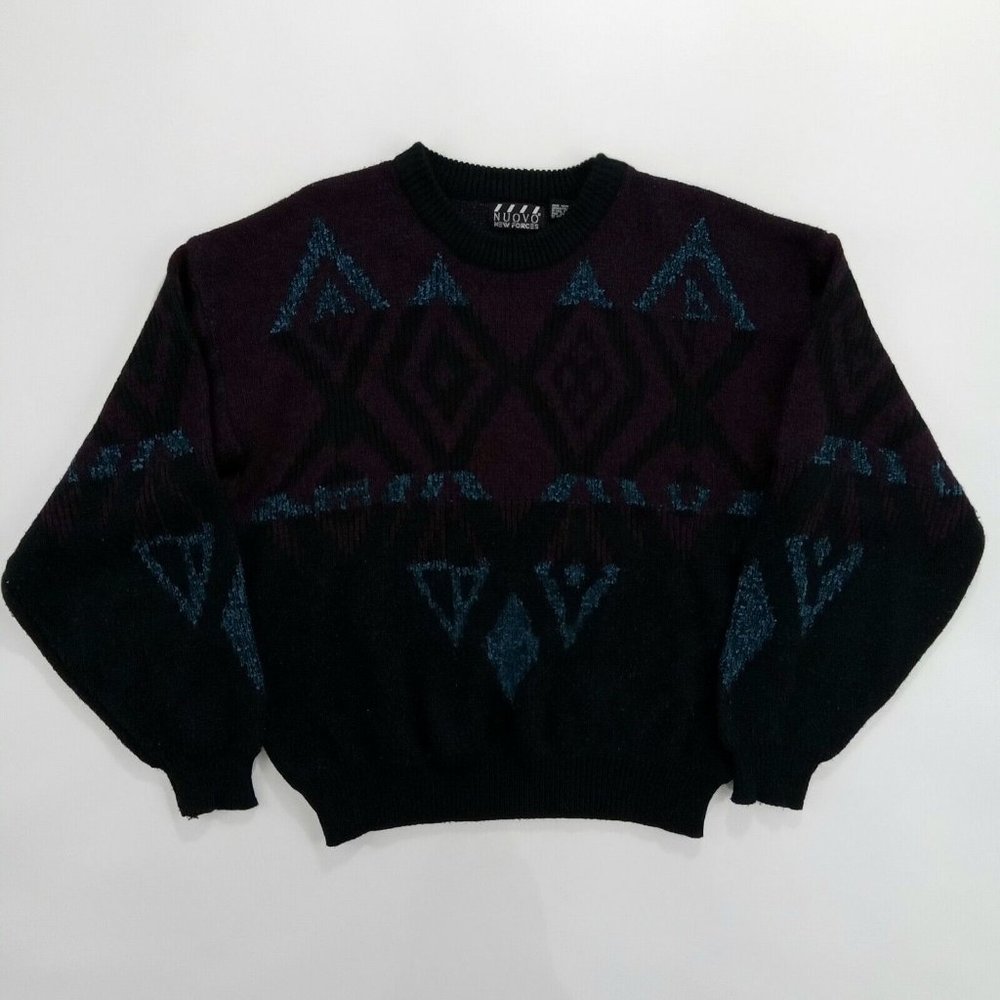 VTG Nuovo New Forces Men's Abstract Geometric Knit Sweater Size L Purple Teal
